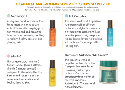Product description of Elemental Anti-Ageing Serum Boosters Starter Kit with images and text.